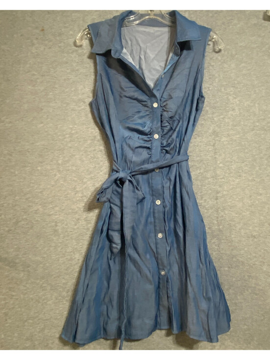 SHEIN Dresses & Skirts - SHEIN Blue Sleeveless Shirt Dress Rushed Button Front Belted Chambray look Large
